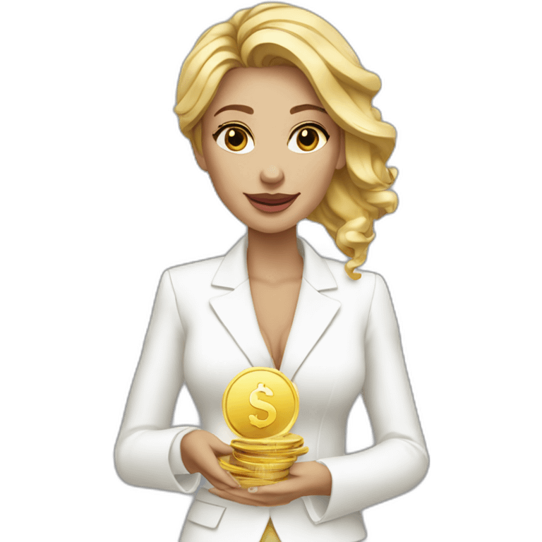 Posh-woman-with-white-suit-holding-golden-coins emoji