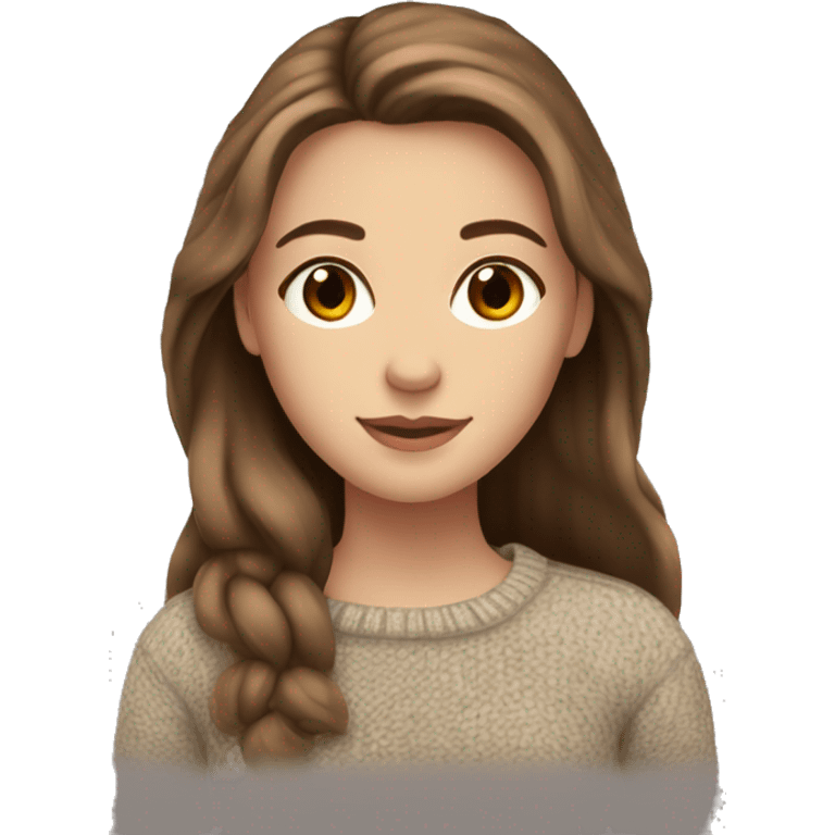 White girl with long medium brown hair and light brown eyes wearing a sweater and in love emoji