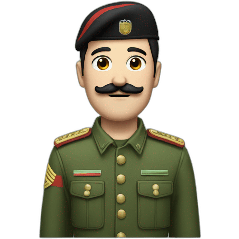 German man with black hair and a black square mustache, green army jacket with red stripes, green army cap emoji