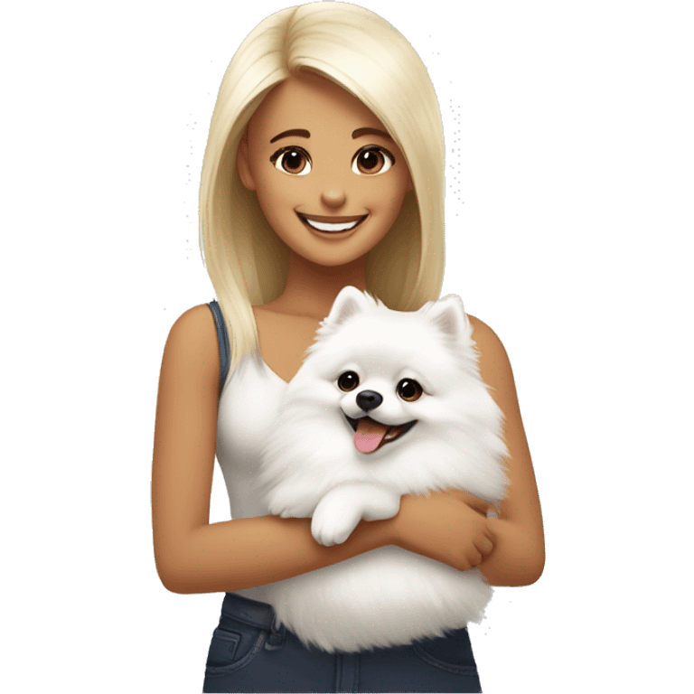 girl smiling hug white pomeranian emoji