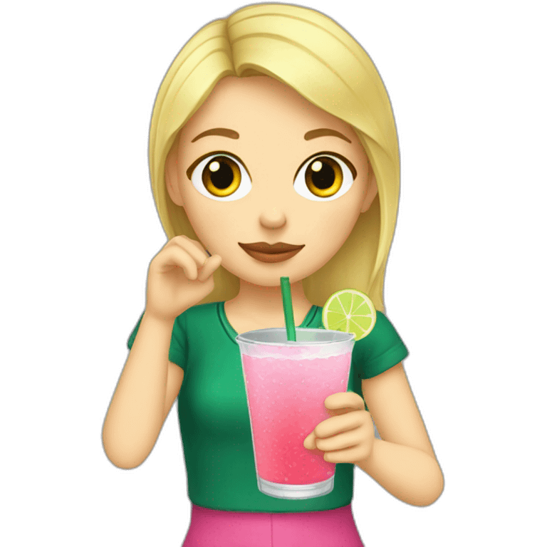 blonde girl straw drinking pink lemonade with one green lemon in the cup, with black watch emoji