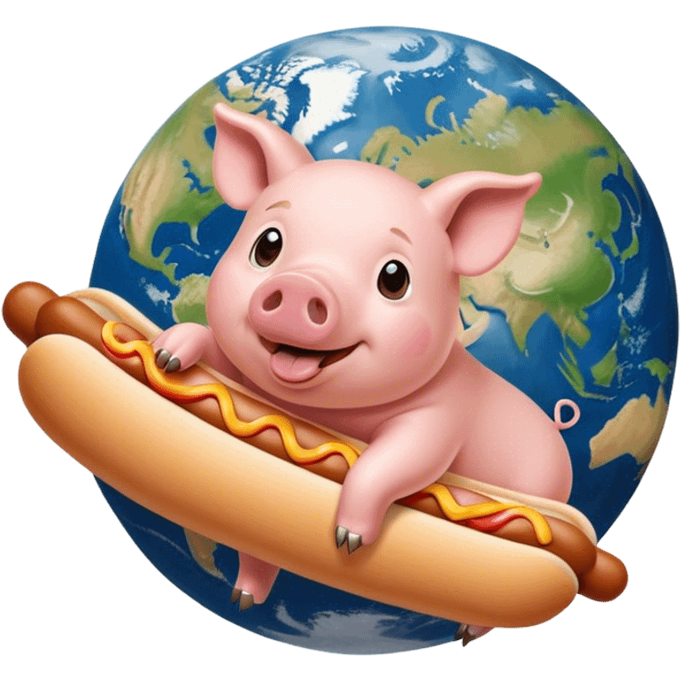 Pig flying over earth while eating hotdog emoji