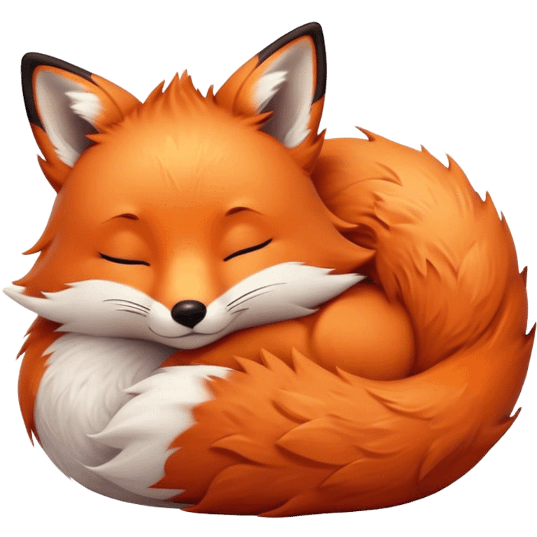 Cinematic cute sleepy fox, curled into a cozy fluffy ball, warm glowing fur, tiny black nose resting on its tail, soft breathing visible, peaceful and charming. emoji