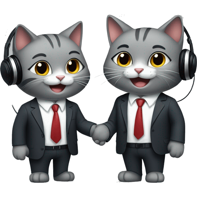 Two gray colored cats, wearing headphones, smiling, shaking hands in suits both wearing headphones.   emoji