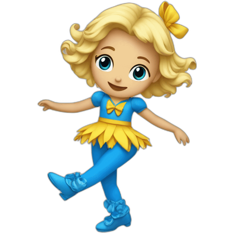 little blonde girl dancing in a blue bird costume emoji