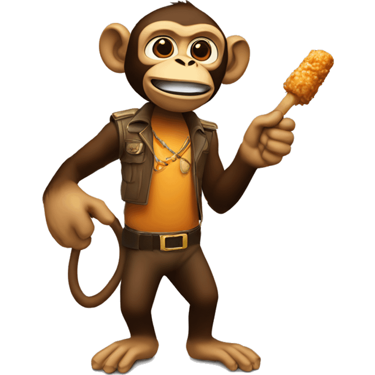 Front facing Monkey pointing blaster forwards in left hand and holding a fried chicken drum stick in right hand  emoji