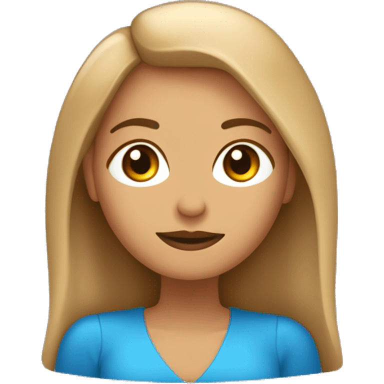 mujer de cabello castaño claro con luces, piel blana,ojos cafés,pomulos, barbilla partida,labios gruesos, vistiendo de traje azul tabajando con laptop Mac de apple  emoji