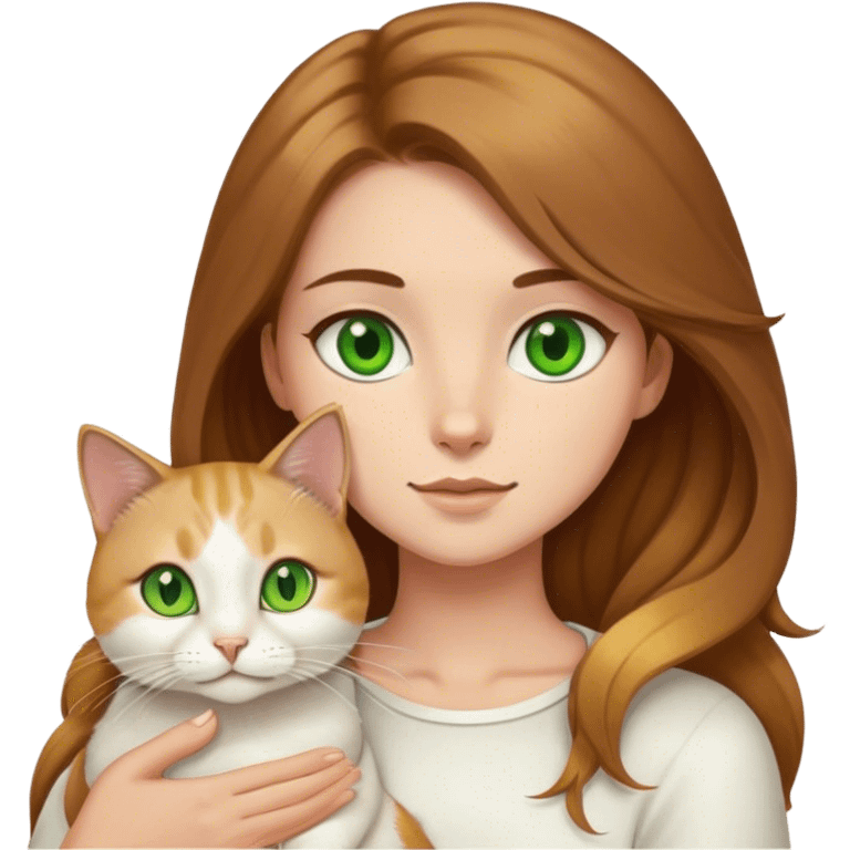 A wheat girl (slightly brunette with brown hair with golden locks) holding a white cat with green eyes emoji