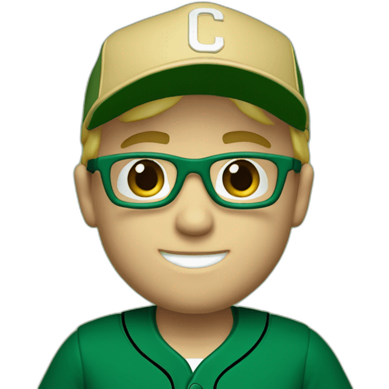 Blonde male, blue eyes, short hair with glasses. Dark green baseball uniform with hat and with "C" on the dark green hat. make the style slightly 3D with a diagonal angle. Crop from chest up emoji