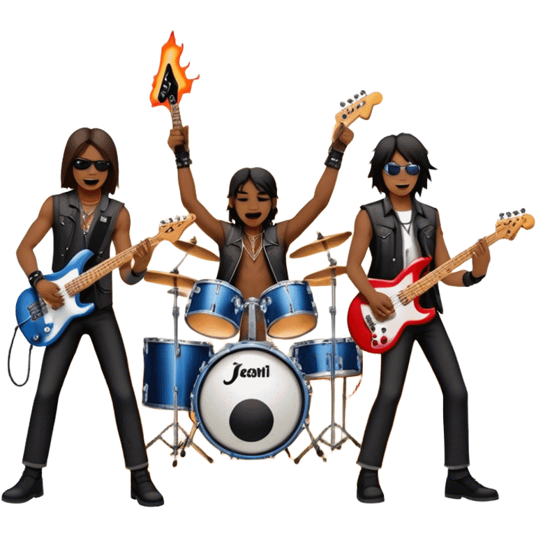 Icon for Metal Music: metal band on stage with musicians playing electric guitars, bass, and drums. The atmosphere is intense, with flashing lights, smoke, and energetic stage presence. The vibe is powerful and electric. Transparent background. emoji