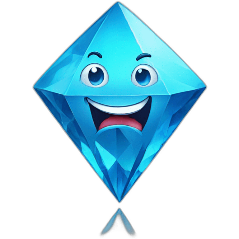 A blue diamond with a face, arms and legs doing something random and with a very happy face emoji