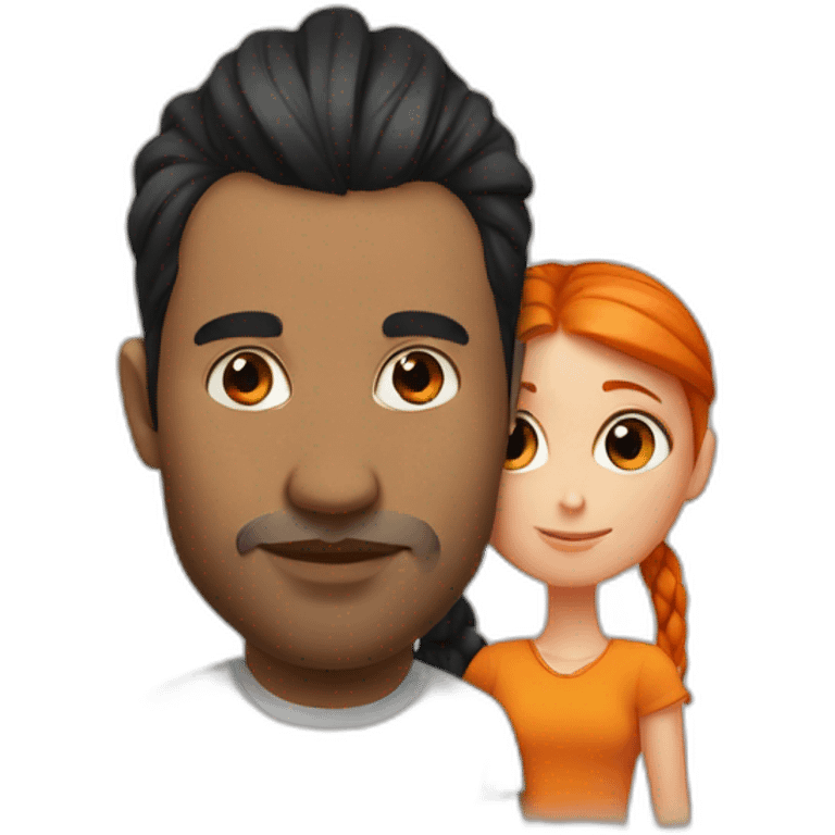 Man with black hair bun kissing a girl with orange hair emoji