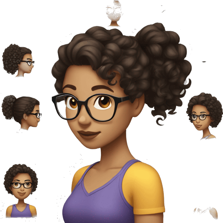 light skin girl with dark brown curly hair in a low ponytail with clear glasses emoji