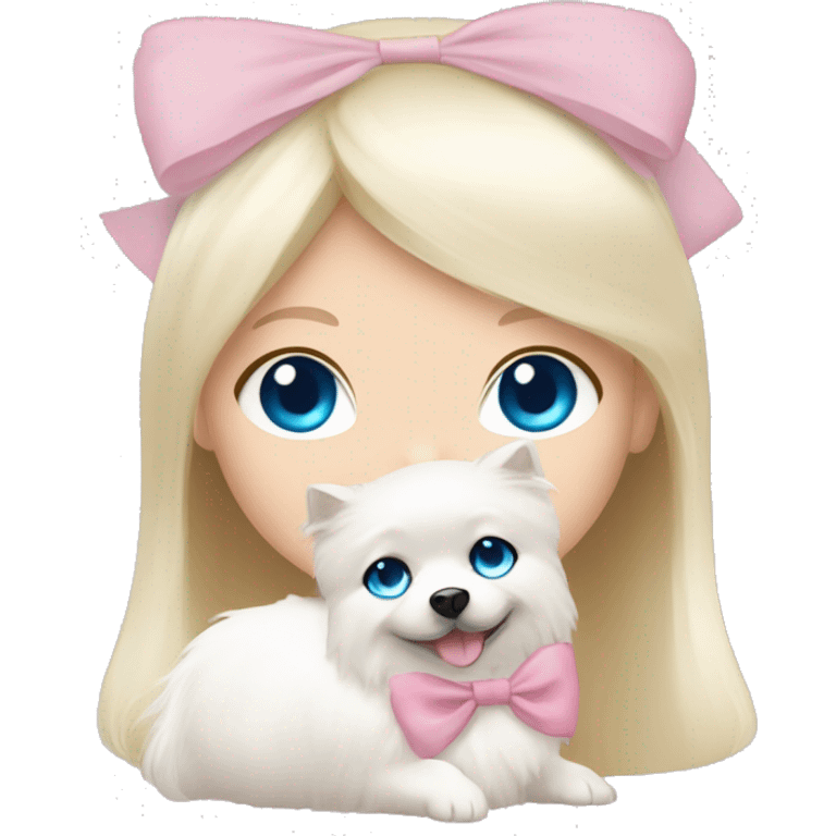 Blond girl white skin blue eyes hugging white Pomeranian with light pink bow emoji