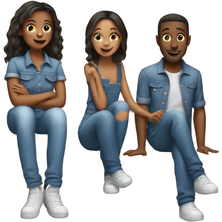 Two girls and one guy hanging out on stairs in denim outfits emoji