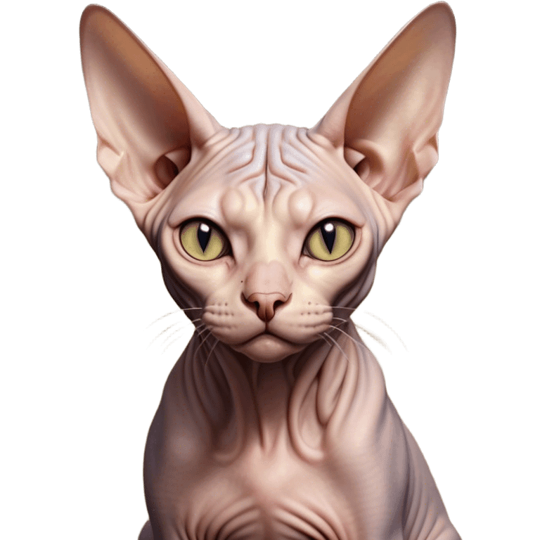 Cinematic Meme-Worthy Grumpy Sphynx Cat Portrait Emoji, Head held high but eyes filled with dramatic disappointment, hairless, wrinkled skin forming deep furrows of discontent, large ears positioned like tiny radar dishes of judgment, signature scowling mouth and narrowed eyes radiating pure disapproval, Simplified yet hilariously over-exaggerated features, highly detailed, glowing with an aura of supreme annoyance, high shine, exhausted yet judgmental, stylized with an almost regal pettiness, bright but brooding, soft glowing outline, capturing the essence of a feline that has seen it all and is thoroughly unimpressed, so meme-worthy it feels like it could instantly become the next viral sensation of grumpiness! emoji