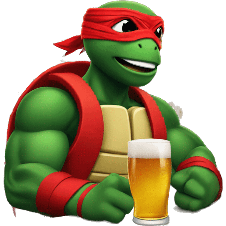 Raphael the ninja turtle red bandage drinking beer in a bar with muscles  emoji