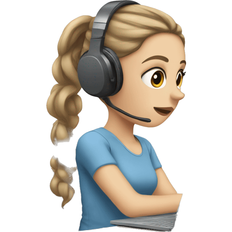 white girl at desk, brown hair, ponytail, blue eyes, computer, headphones emoji