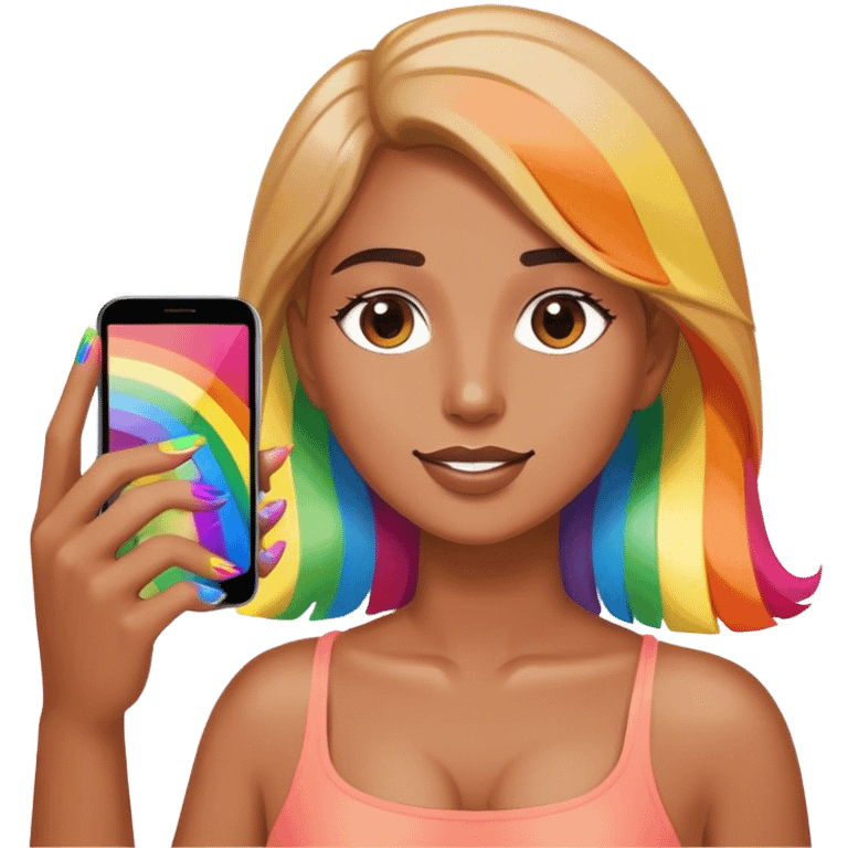 A person holding a phone with rainbow nails emoji