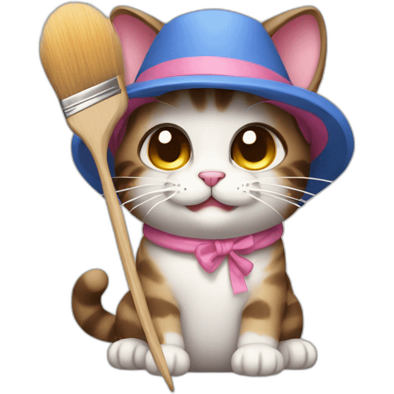 Kawaii cat artist in hat with palette and brush so it can be used as a mouse cursor emoji