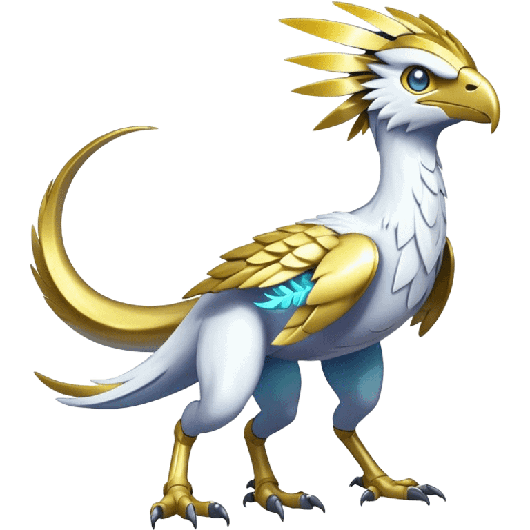 Shiny Futuristic Celestial Magical Ethereal Fakemon-HeadFeathers-Pokemon-Digimon-Spectrobes-Raptor-fusion, full body emoji