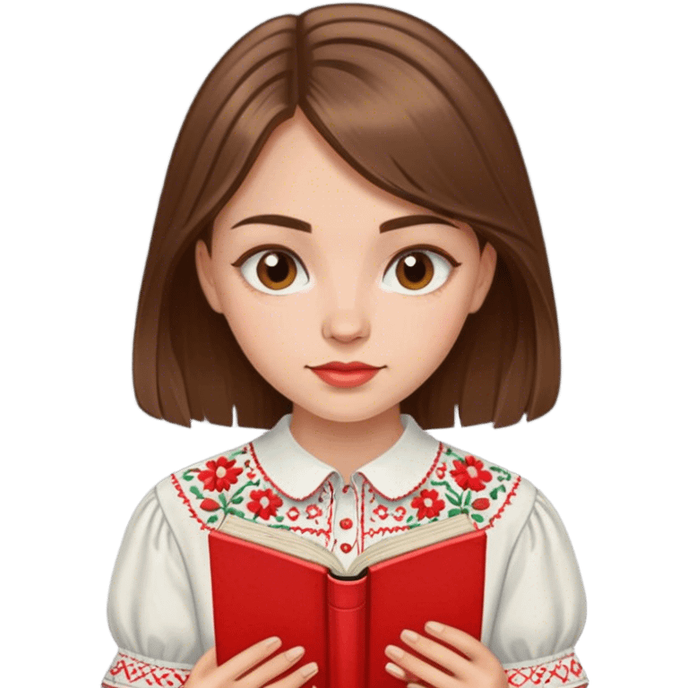 A Ukrainian girl with brown hair in an embroidered shirt reads a red book emoji