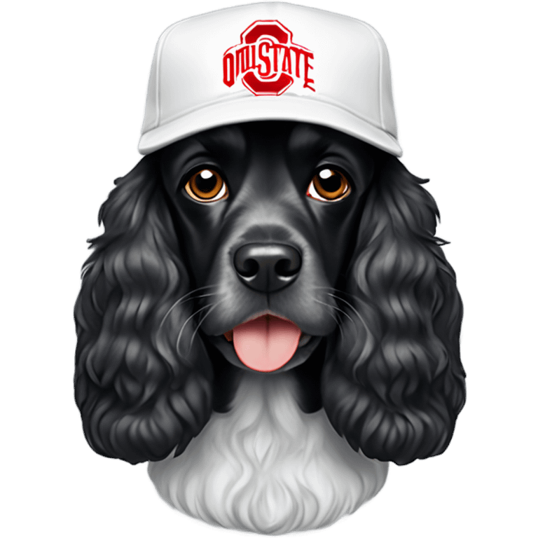 Black cocker spaniel wearing white Ohio State cap emoji