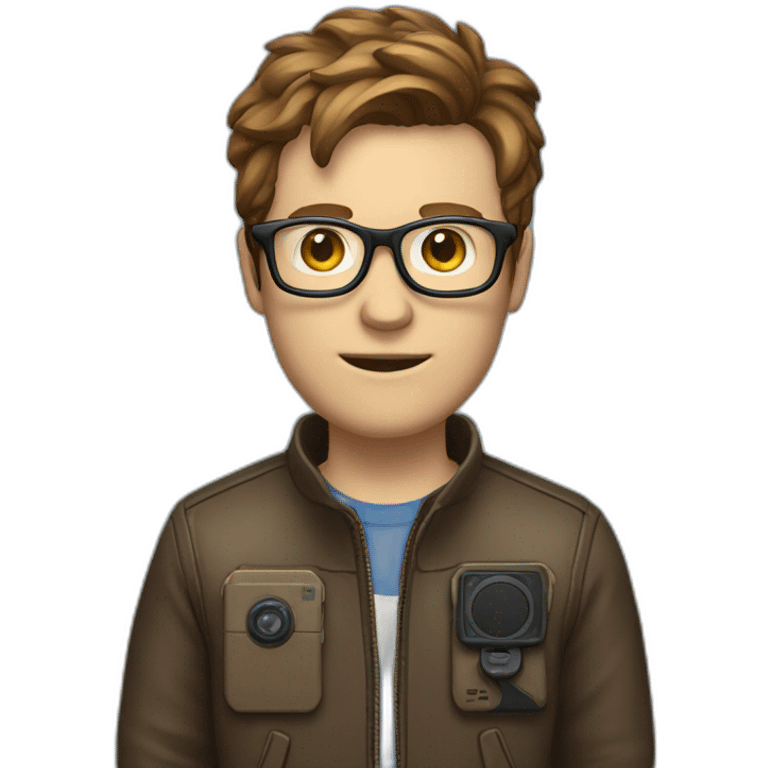 white male with brown hair holding a game controller, wearing glasses, wearing a jacket emoji