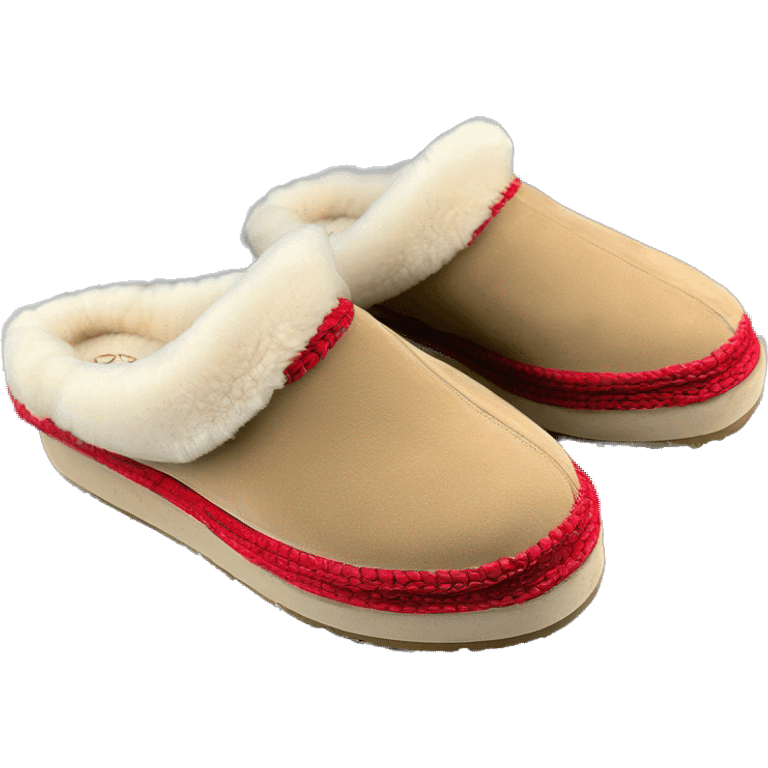 Camel color platform slip-on UGG slippers. has a thin red woven zig-zag trim detail on the cuff emoji