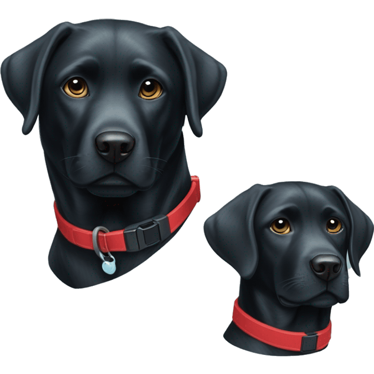 black-coloured labrador on the left with red collar, black-coloured labrador on the right with light blue collar. emoji