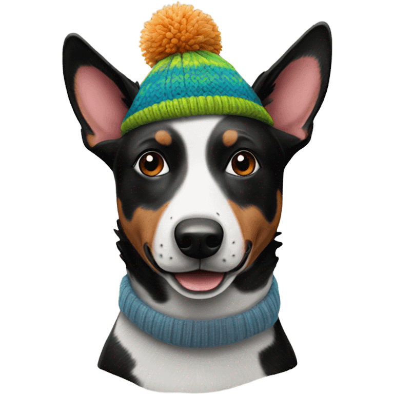 Black & white Australian cattle Dog wearing a knit hat emoji