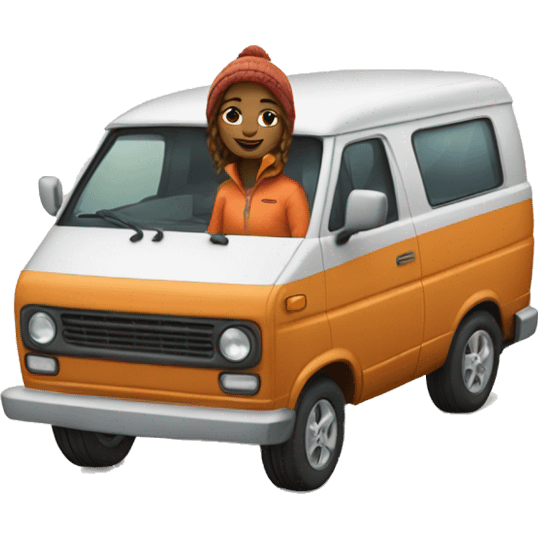 Ski bum girl living in a van with a cat emoji