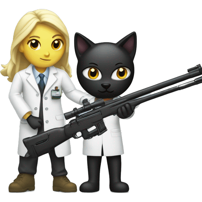 Sniper rifle aiming at black cat wearing a lab coat emoji