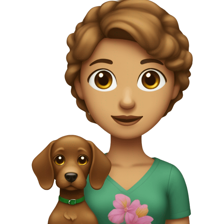 chica de pelo rizado marron con ojos verdes con un perro labrador color caramelo emoji