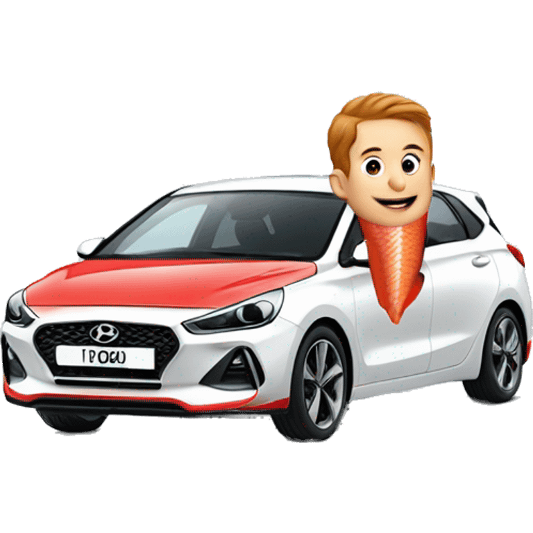 Boy with red mullet driving a white Hyundai i30 emoji