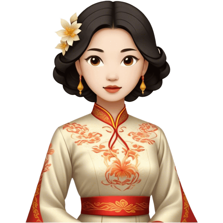 Cinematic Realistic Áo Dài Portrait Emoji, depicted as an elegant traditional Vietnamese dress with flowing graceful lines and delicate patterns, rendered with rich textures and soft ethereal lighting that captures its timeless beauty. emoji