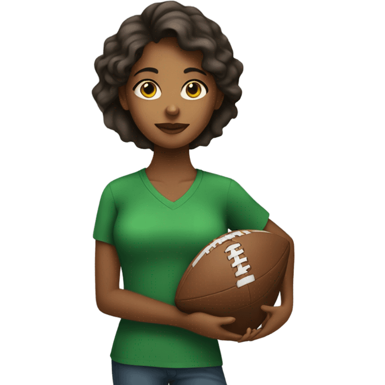 Brown girl in green shirt holding a football emoji