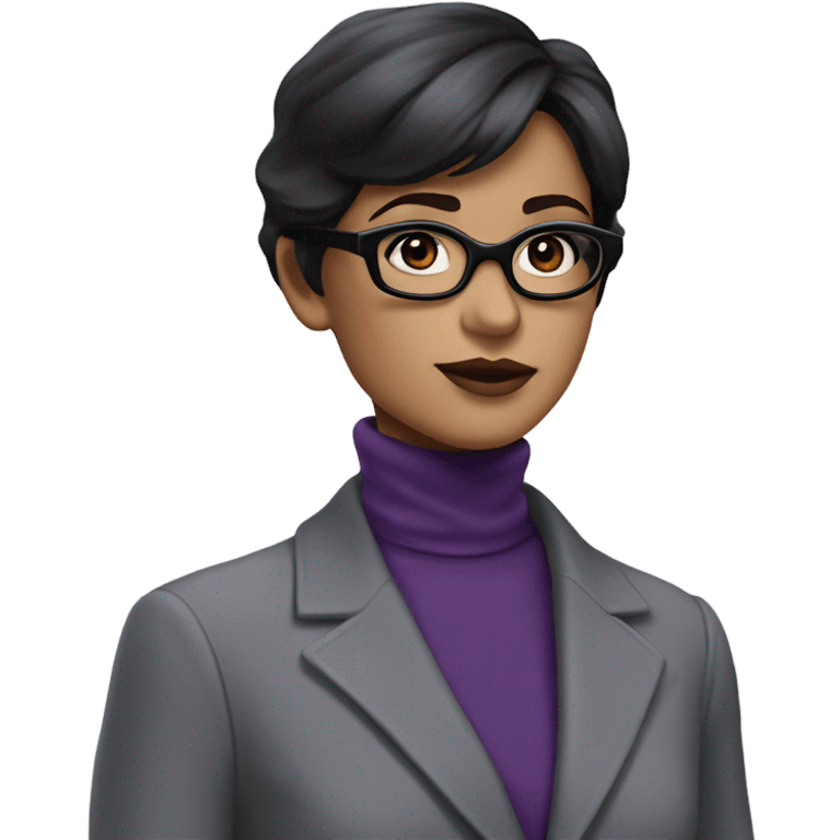 Tv show young Diana Prince wearing grey suit with silk voile purple turtleneck and black eyeglasses  emoji