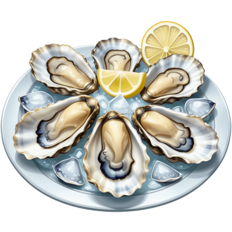 Cinematic fresh oysters on the half-shell, glistening with seawater, served with lemon wedges and ice, soft glowing highlights, elegant and luxurious. emoji