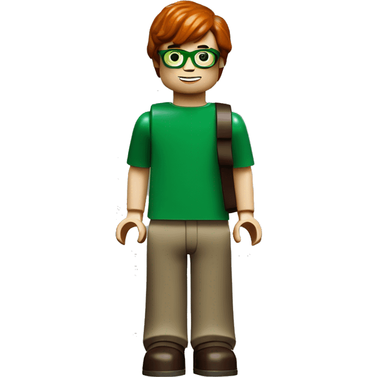 lego minifig full body of a 7 year old boy with green glasses and dark red hair emoji