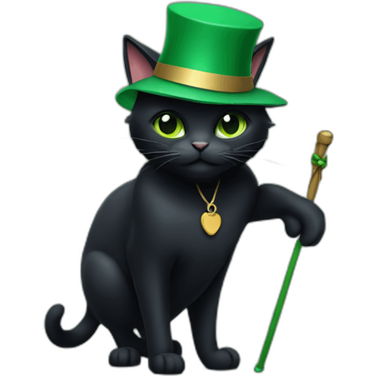 A black cat with a green hat and a staff emoji