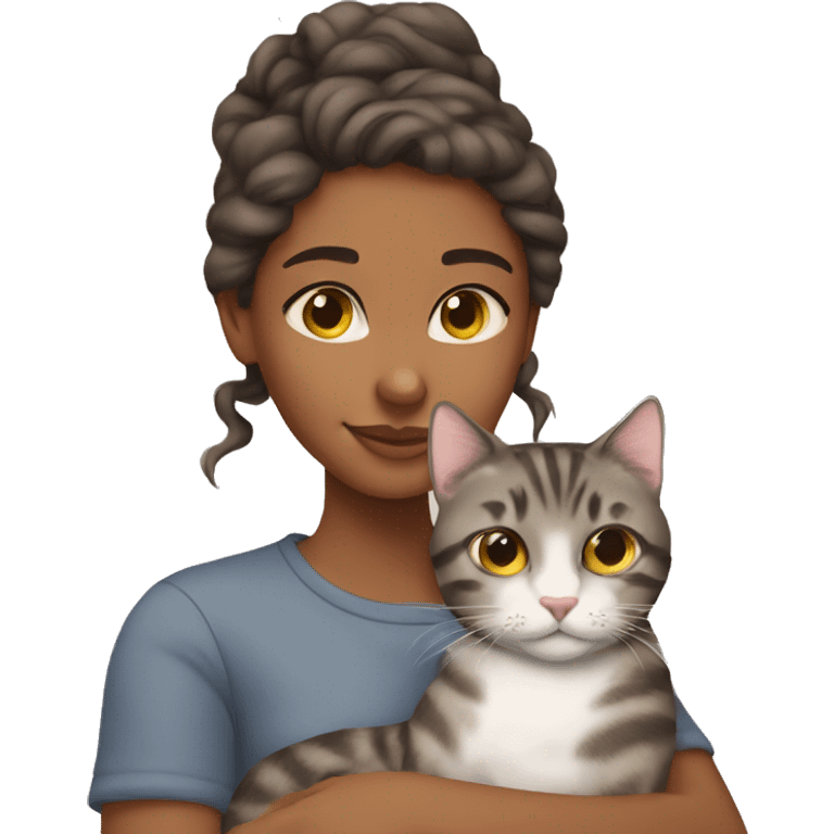 brownskin girl cuddling one gray tabby cat emoji