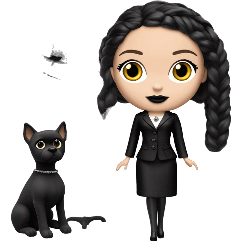   Hostess Wednesday Addams Barbie.  very light skin face. Black lipstick and eyeshadow. Earrings matching necklaces. Long silky raven hair.  Silk pj separates black high heel.  emoji