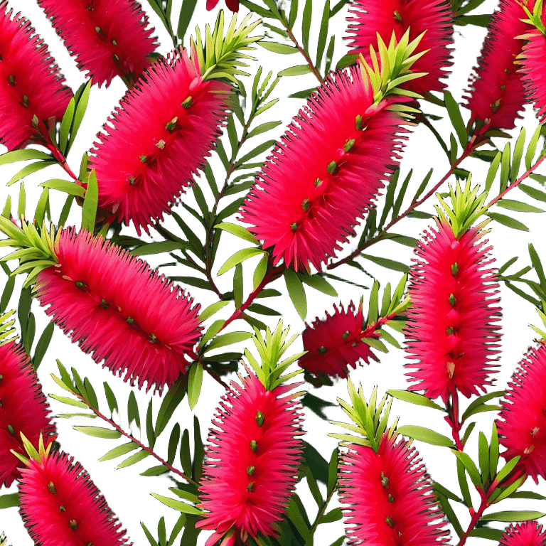 Cinematic Realistic Callistemon Emoji, Vibrant and striking, with spiky red flowers resembling a bottlebrush. The slender leaves create a fine backdrop to the bold blooms, while the plant exudes energy and vitality. Soft glowing outline, capturing the essence of strength, color, and natural beauty in a brilliant callistemon tree! emoji