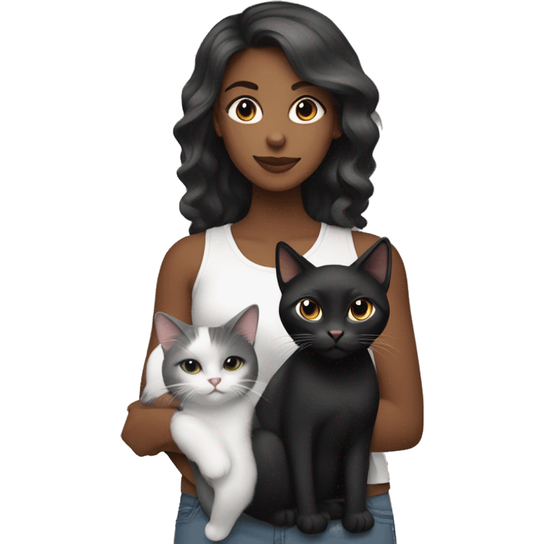 emoji of black female holding a long hair black cat and a white belly cat with grey and black top accents emoji