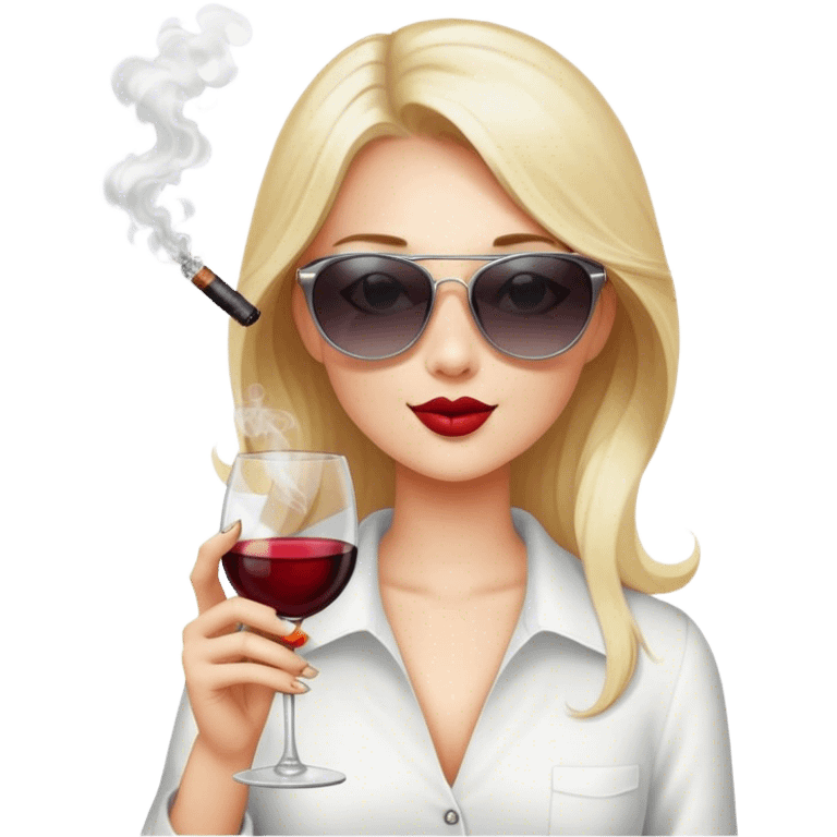 White girl wearing sunglasses holding one glass of wine smoking  emoji