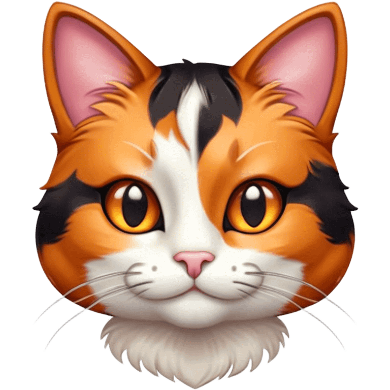 Cinematic Cute Calico Cat Portrait Emoji, Head tilted playfully with sparkling, inquisitive eyes and a charming patchwork fur of orange, black, and white, simplified yet irresistibly adorable, highly detailed, glowing with a warm, inviting glow, high shine, bubbly and affectionate, styled with a touch of whimsical feline charm, soft glowing outline, capturing the essence of a delightfully cute calico cat that looks as if it could prance off the screen into your heart! emoji