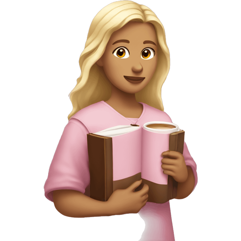 Blonde Girl holding a light pink Bible with a cross on it, and also holding a coffee emoji