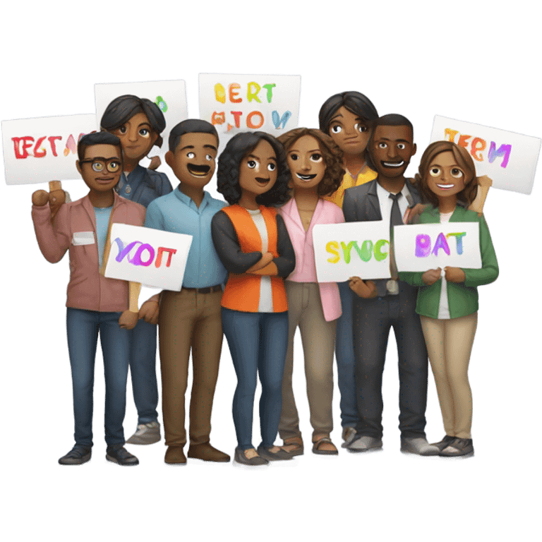 group of people standing holding signs emoji