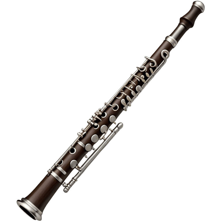 Create an elegant and detailed emoji representing a black oboe with a reed. The design should showcase the sleek, dark wood finish of the oboe, with the metal keys clearly visible. The reed should be delicately placed at the top of the instrument, emphasizing its essential role in producing sound. Add subtle details like the silver or brass accents on the keys to reflect the high-quality craftsmanship of the instrument. Use deep black, silver, and wood tones for the oboe to capture its sophisticated appearance. The background should be transparent. emoji